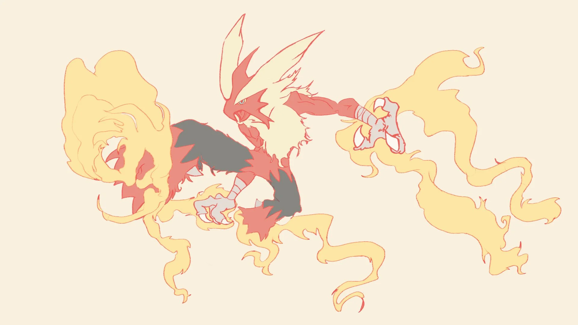 Blaizken, the Blaze Pokémon, doing a action pose drawn out with flames soaring through its talons.