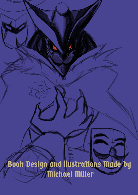 Book of Savant back cover of two masked characters alongside the Alchemist in the middle of a purple background. Credit below.