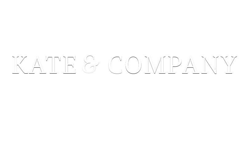 Black background with white text displaying 'KATE & COMPANY' with a large stylized letter 'K' between the words.
