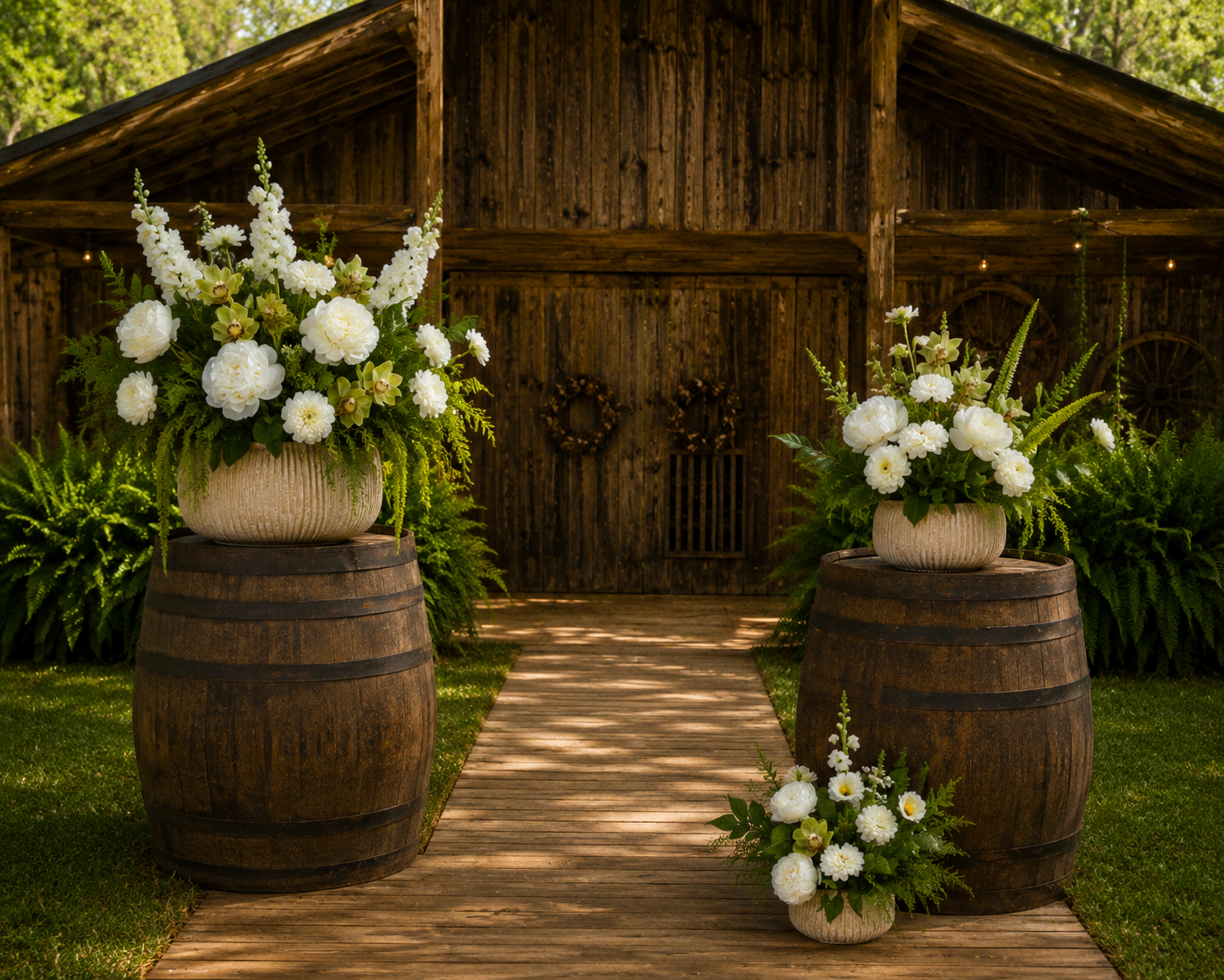 Classic 3 separate Floral Meadows in containers on & near wood barrels with farmhouse background.better.png