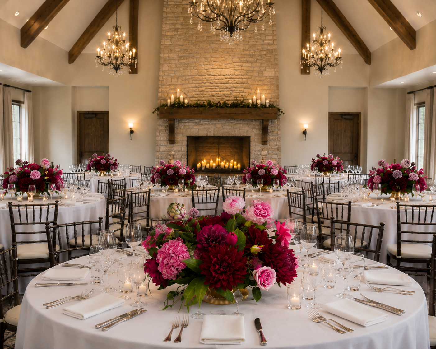 Burgundy Love Centerpieces on round tables in banquet hall.png