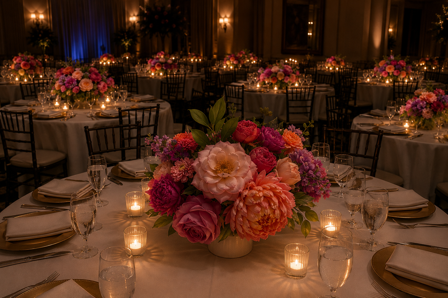 Garden Party Centerpiece on white tablecloth with pink motive candles in evening setting.PNG