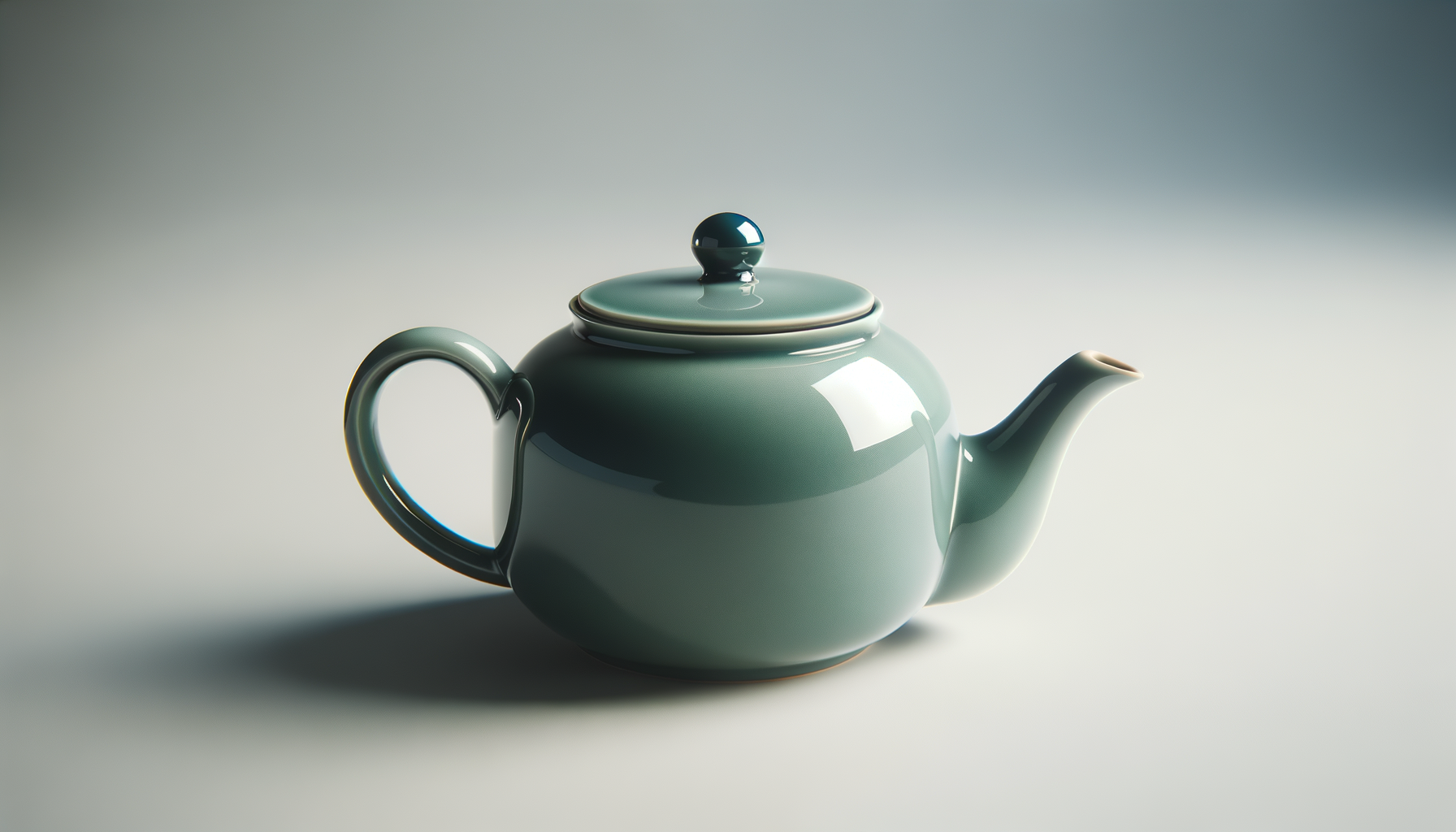 A sleek, green ceramic teapot with a rounded body, a short spout, and a lid with a round knob, placed on a plain surface with a light background.