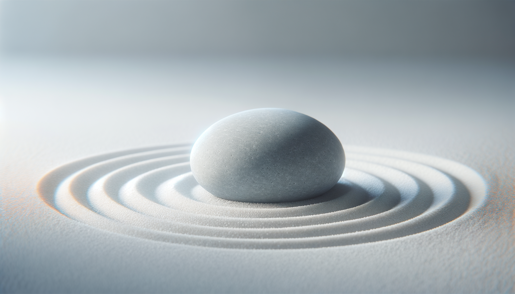 Smooth gray stone on white sand with concentric ripples.