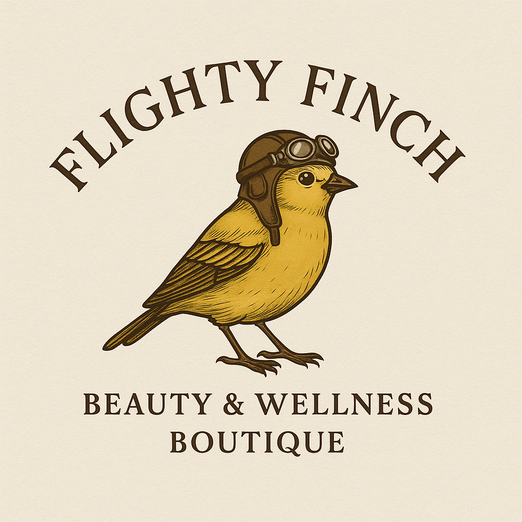 Illustration of a small bird wearing pilot goggles and a helmet, with the text "Flighty Finch Beauty & Wellness Boutique"