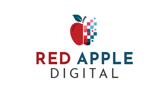 Logo of Red Apple Digital with a stylised red apple and blue digital pixels, and the text 'Red Apple Digital' underneath.