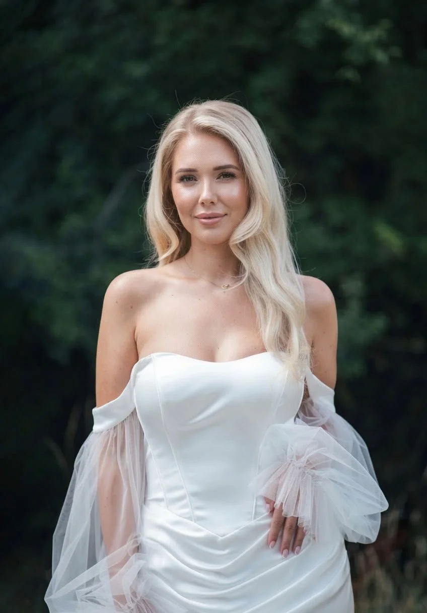 A woman with long blonde hair in a white off-shoulder dress standing outdoors in front of green trees.