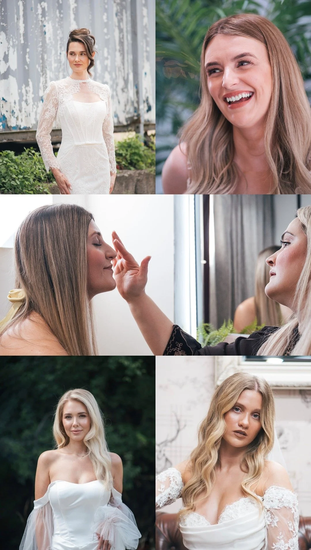Collage of four women in wedding dresses getting ready, with makeup artists and natural outdoor and indoor backgrounds.