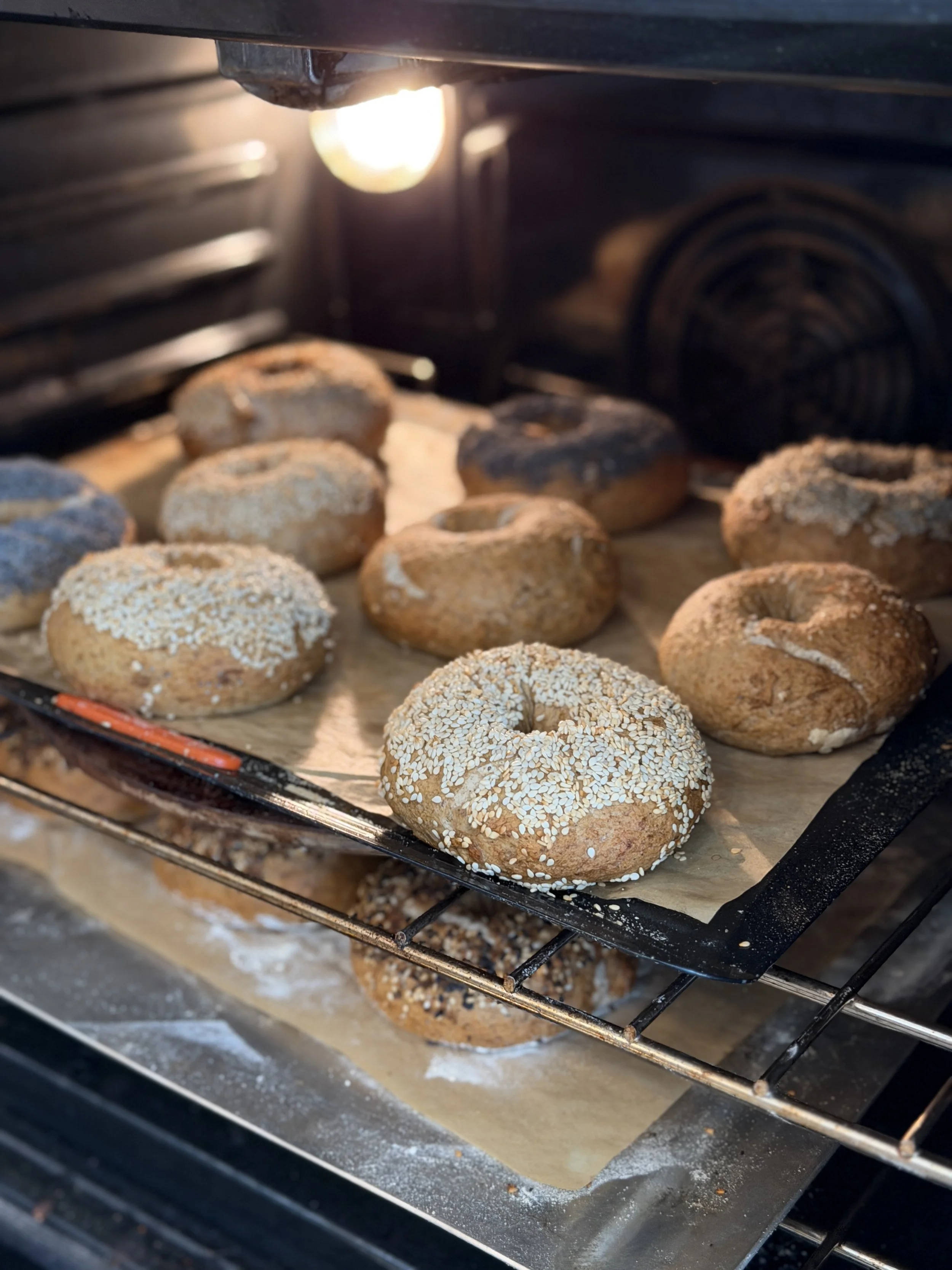 Fresh gluten-free bagels baking in the oven at The Common Crumb, Washington DC