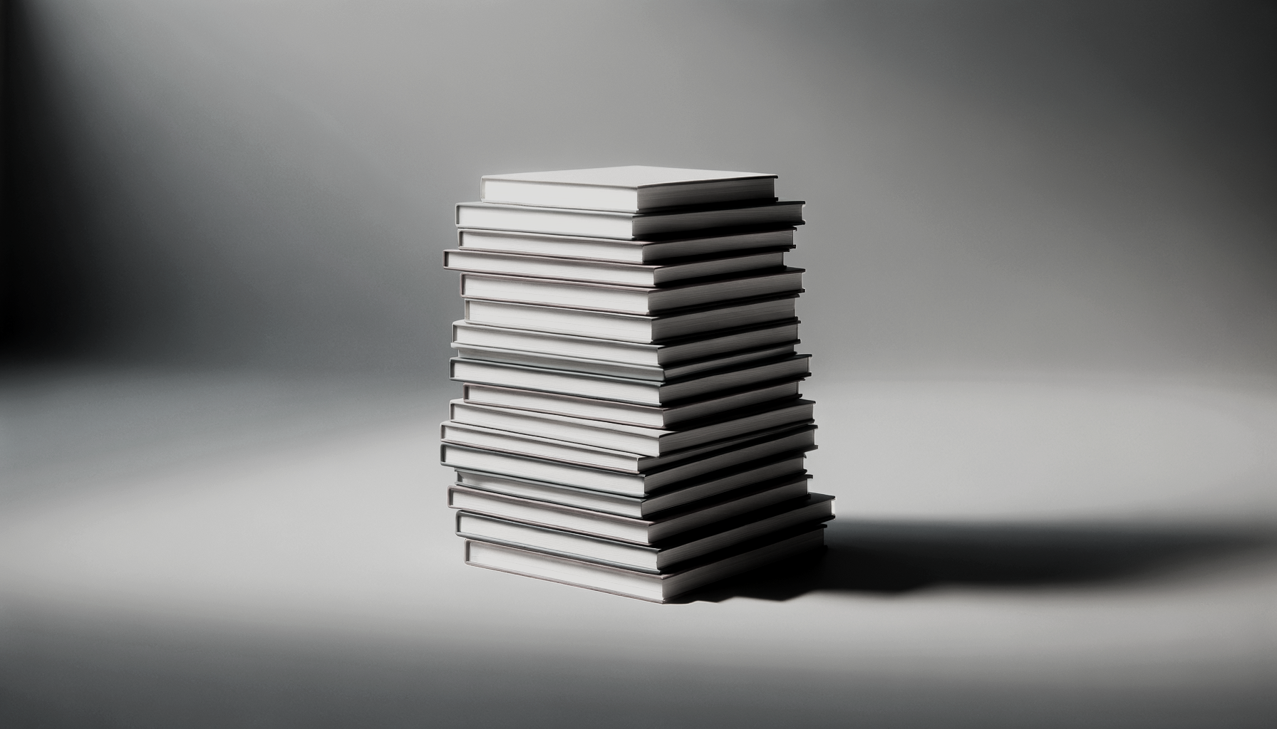 A tall stack of white books or notebooks on a white surface, with a shadow cast to the right.