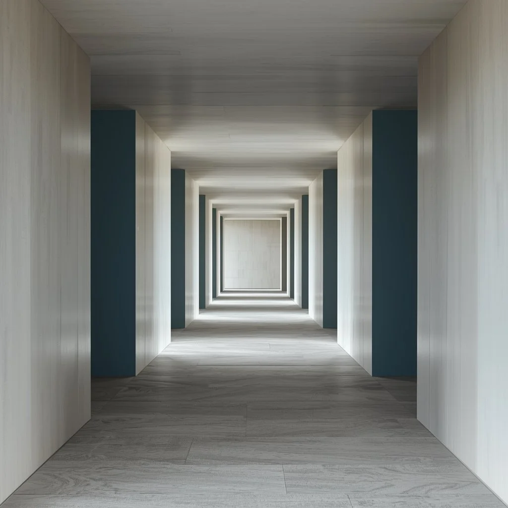 Minimalist corridor showing clear unobstructed pathway representing sales training without noise or hype