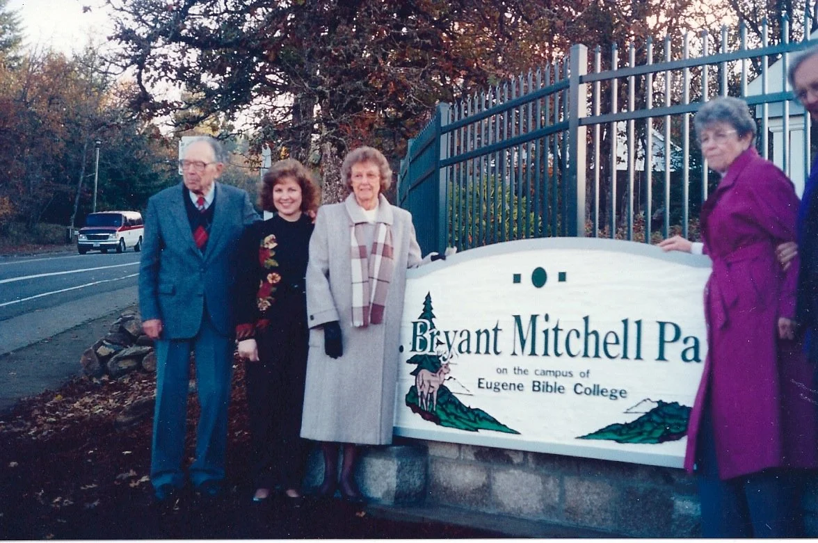 Bryant Mitchell park at New Hope College in Eugene, OR. Bryant, granddaughter Lori, wife Lucille, sister Esther and her husband Murray Russell