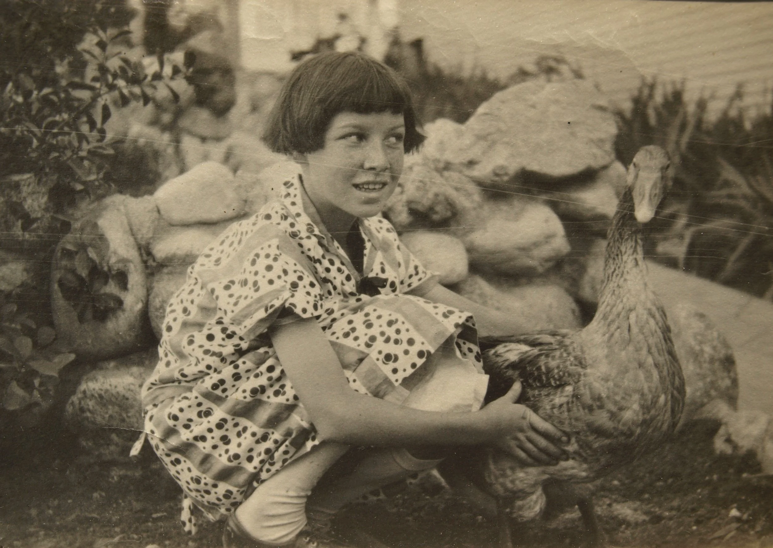 Andrew and Sadie's daughter Jean with her pet goose in Los Angeles