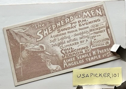 A card advertising a service at Angelus Temple. This is a very rare card to appear on ebay for sale. There are several elements on this card that match Andrew's style.