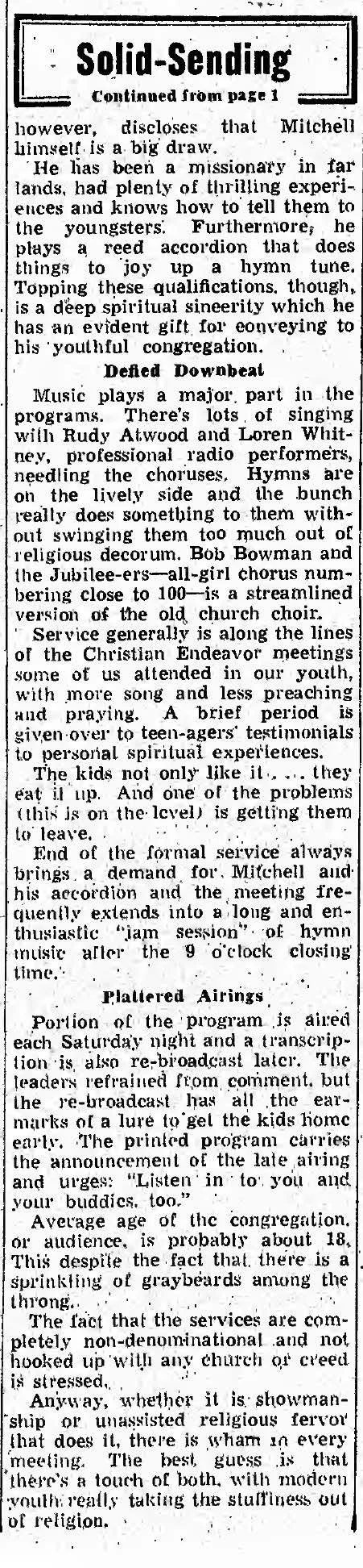 Variety Magazine, front page, June, 1945 - An article about Hubert Mitchell and the Saturday Night Jubilee in Los Angeles.  Page 2 of 2. 