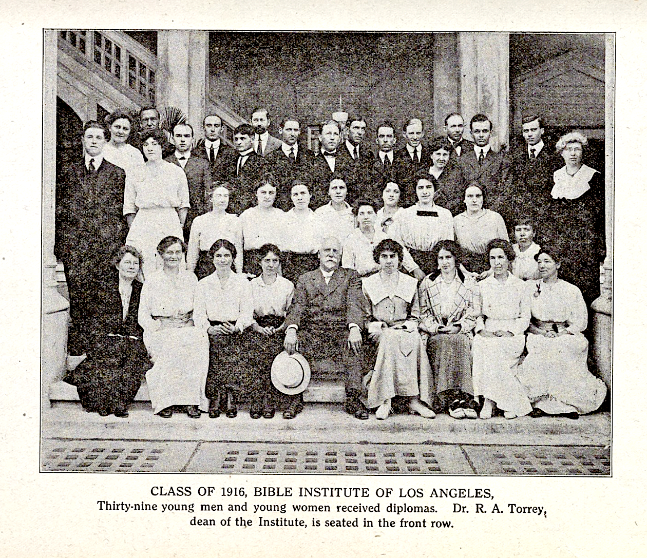 A.E. Mitchell's sister Elinor graduated from Biola in 1916. She is behind Dr. Torrey to the right. 