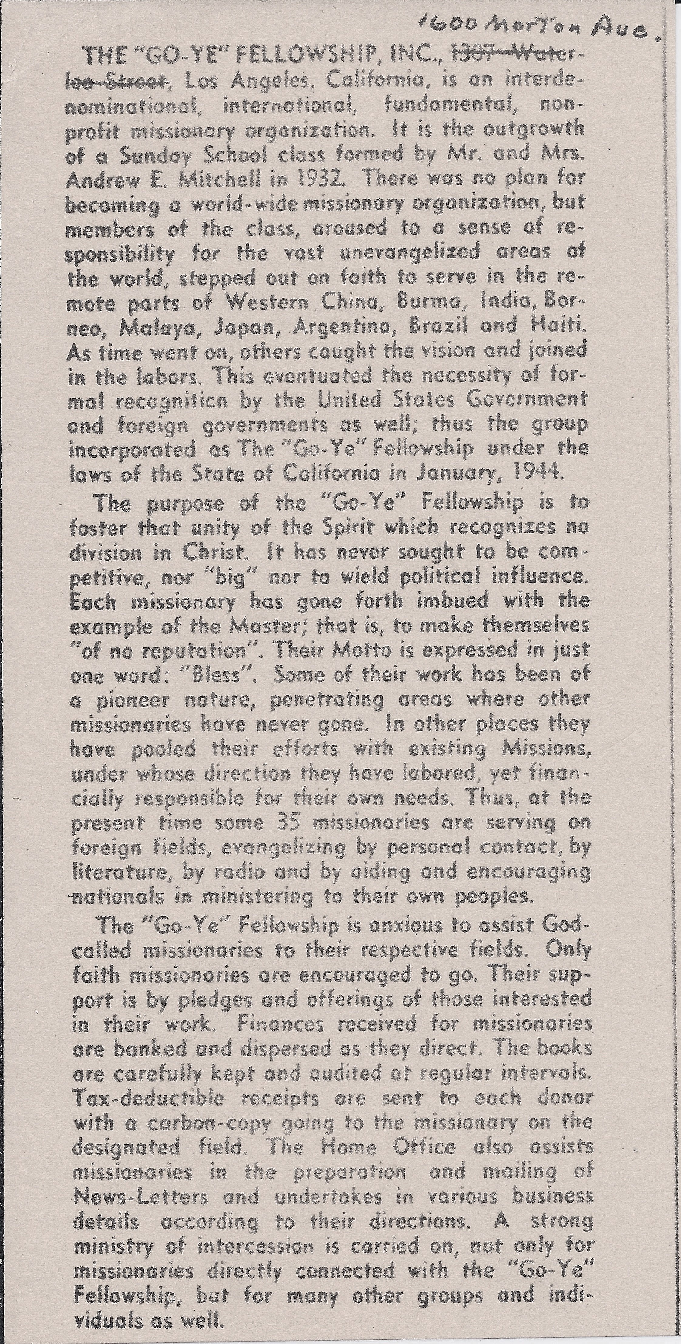This is a 1944 article explaining the purpose of Go-Ye Fellowship. 