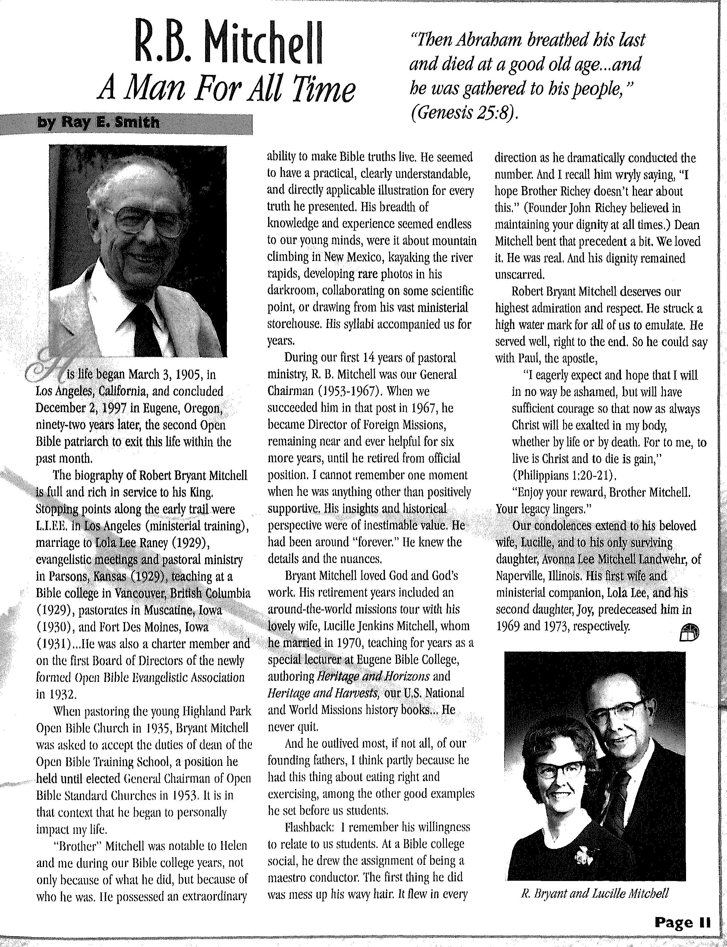 Bryant Mitchell Open Bible Message magazine article after his death in 1997. 