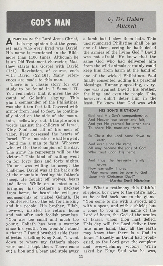 God's Man - article by Hubert Mitchell in the Biola Broadcaster,  Jan., 1967 p. 1 of 2