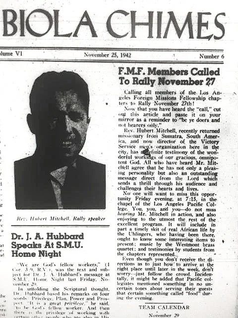 Hubert Mitchell in the Biola Chimes newspaper