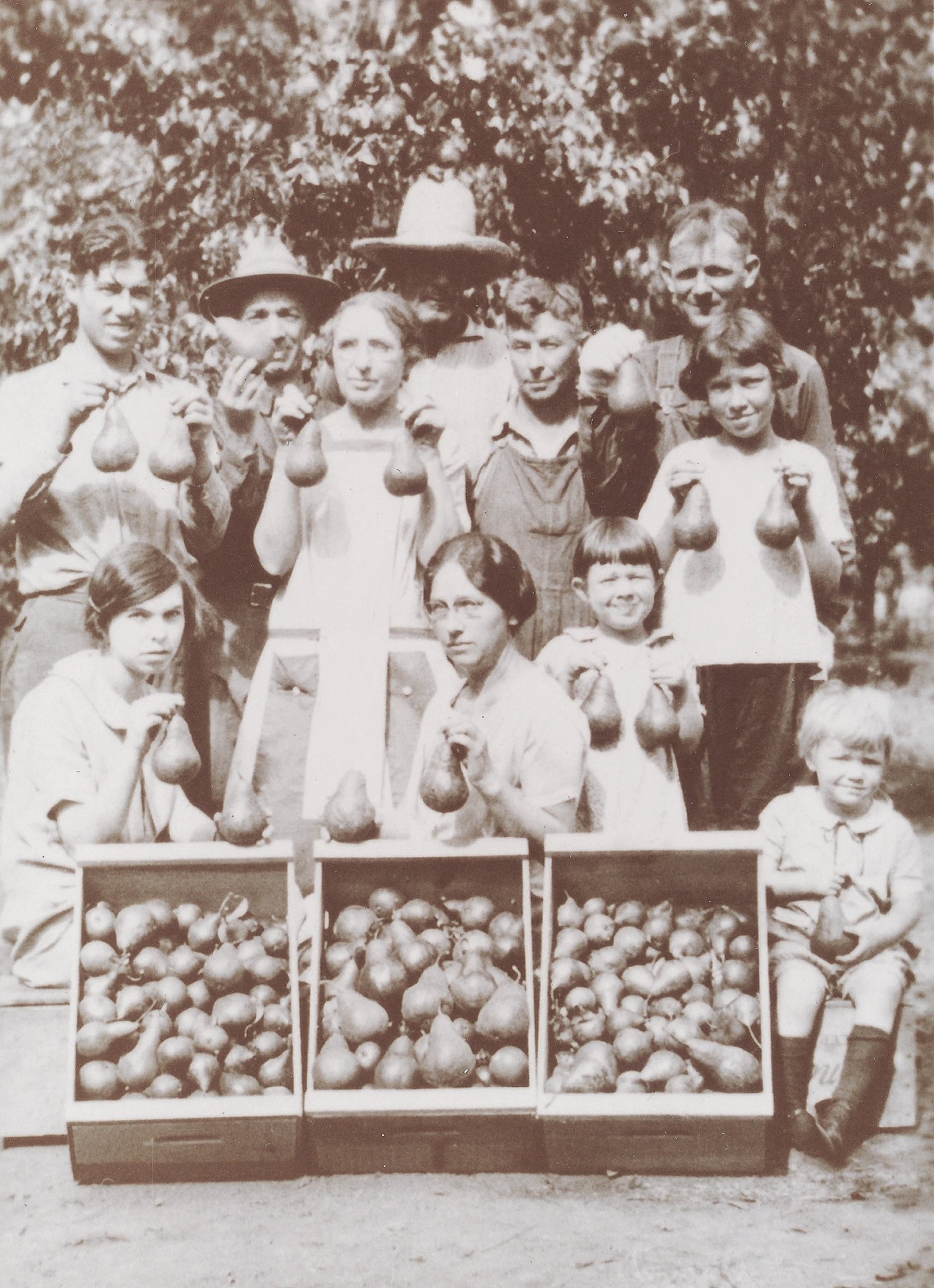 Andrew in back on the left in hat with son Hubert and daughters Jean, Marietta and Esther at the Echo Cove orchard in Hugo, OR, July, 1926. The orchard was owned by Andrew's first wife Sadie's sister Elizabeth and her husband Daniel Heller. The orcha
