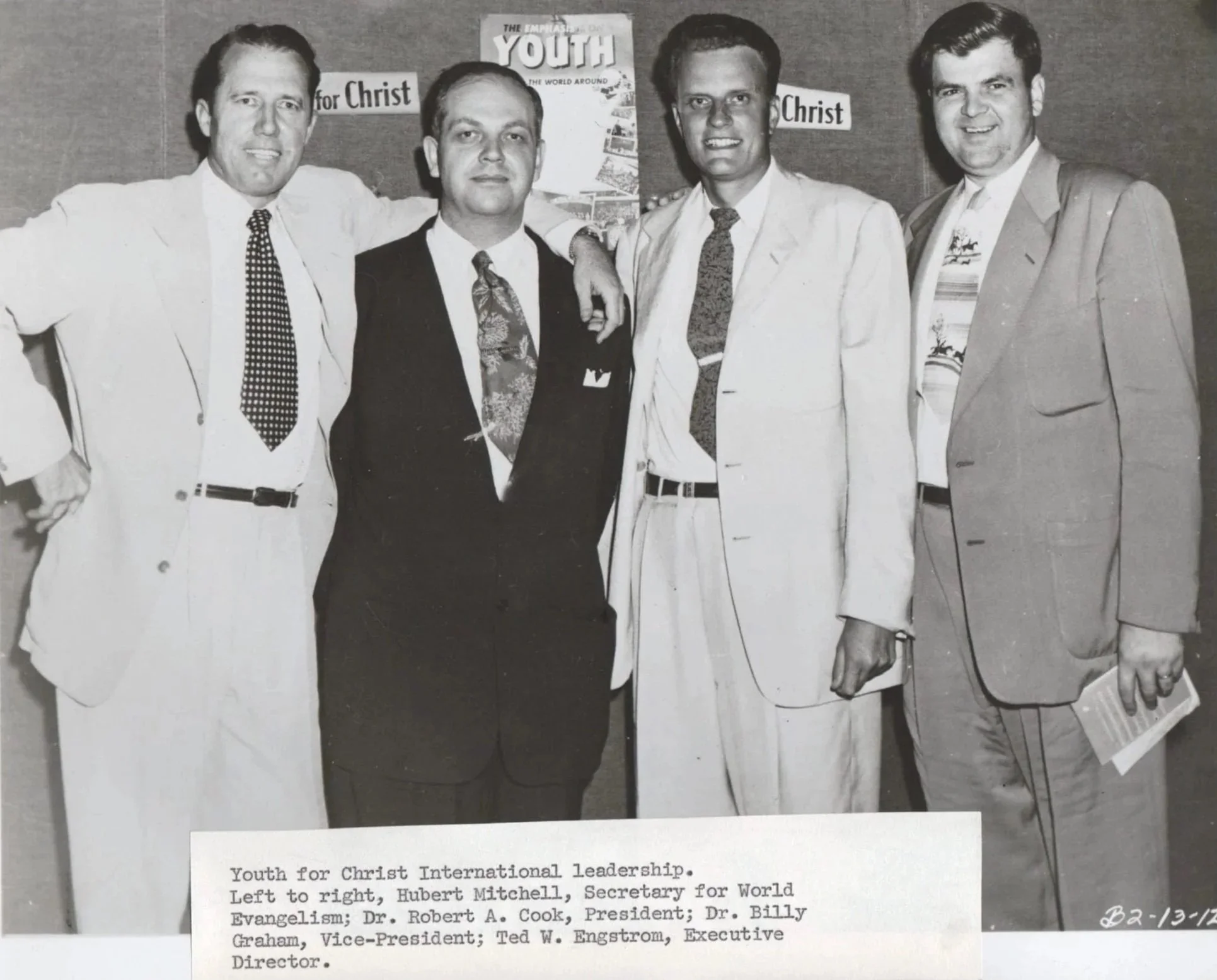 Youth for Christ group:  From left, Hubert Mitchell, Robert Cook, Billy Graham, Ted Engstrom. Click on the photo for YFCs history. 