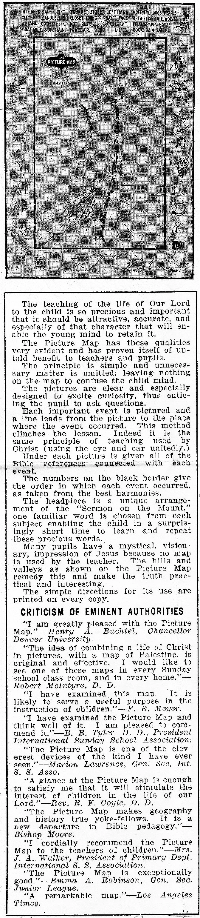 This is part of Andrew's letterhead from the early 1900s when living in Colorado, and it describes his Holy Land map. See the comments from well-known people at the bottom. 