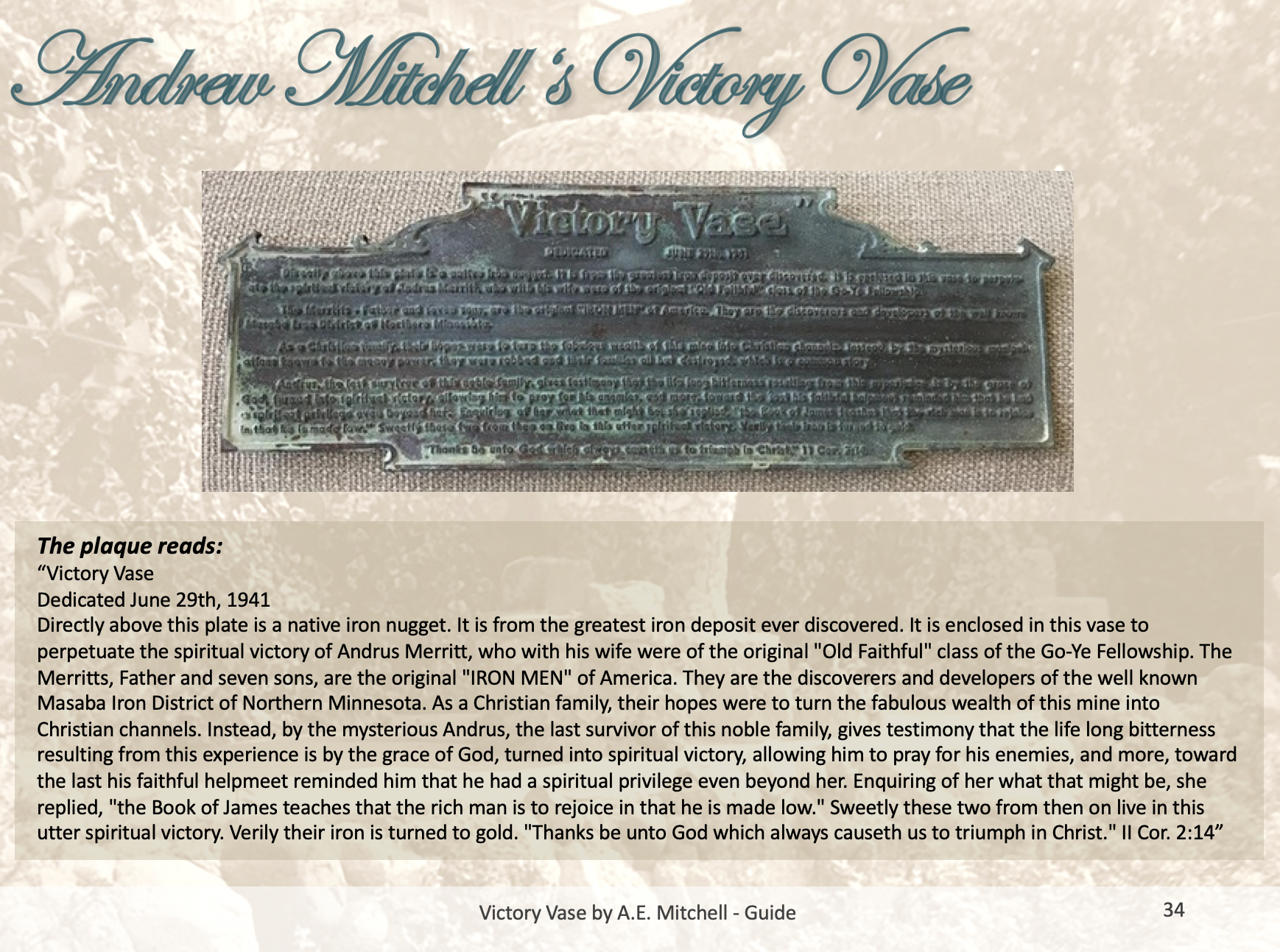 The original Victory Vase brass plaque with the wording on the plaque about Andrus Merritt and his family, for who the vase is dedicated.