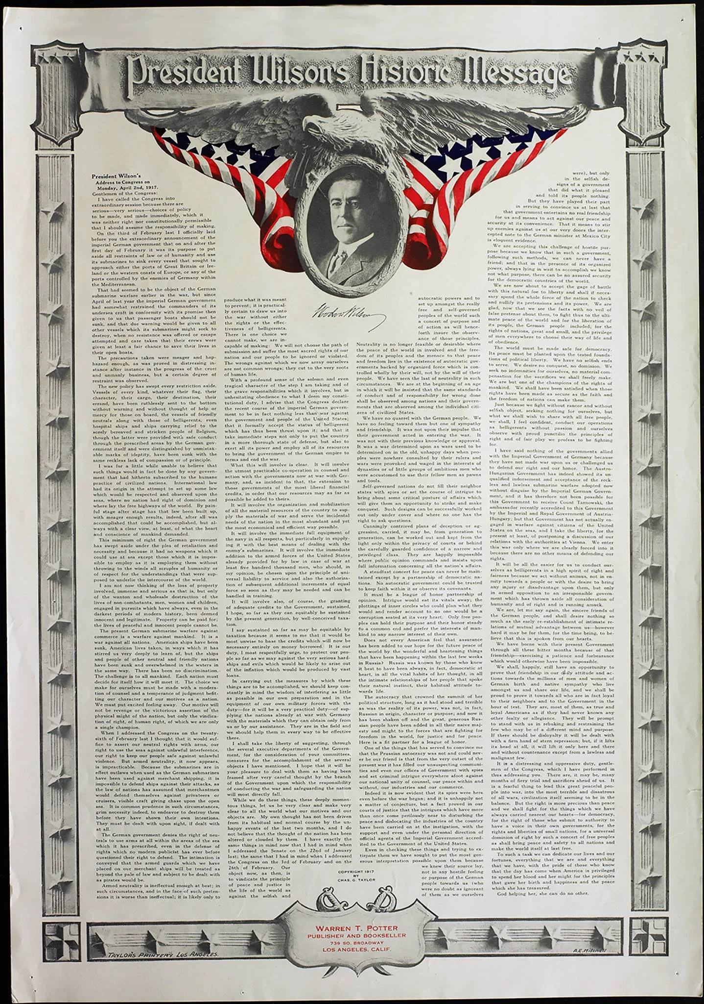 Speech by Pres. Woodrow Wilson from 1917. A.E. Mitchell's signature is on the lower right. Notice all of his clay work around the document to achieve a 3-D effect. The American flag still looks brilliant. You can see how the 3-D technique is similar 