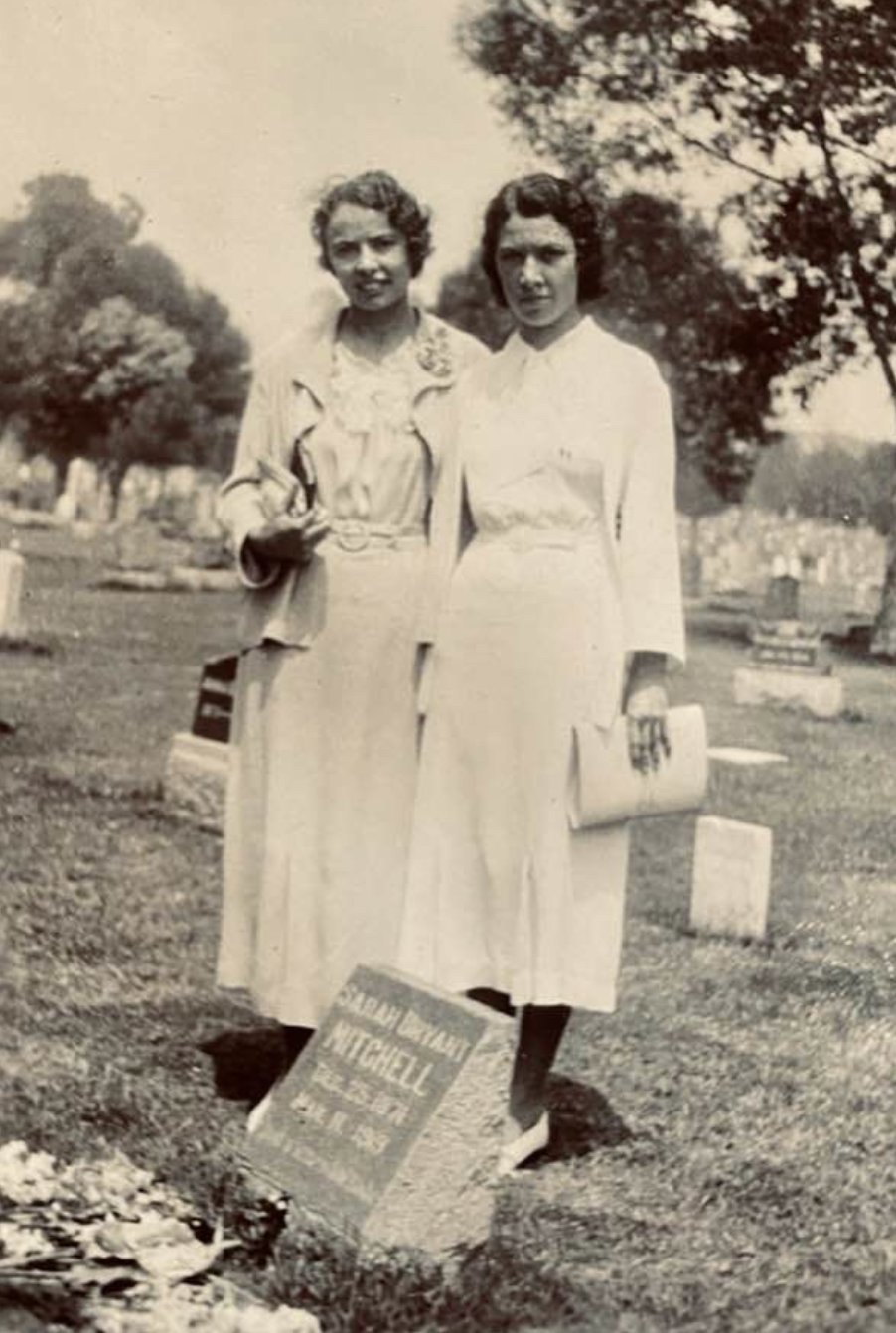 Helen and Jean Mitchell at their mother Sadie's grave in Evergreen Cemetery, Los Angeles