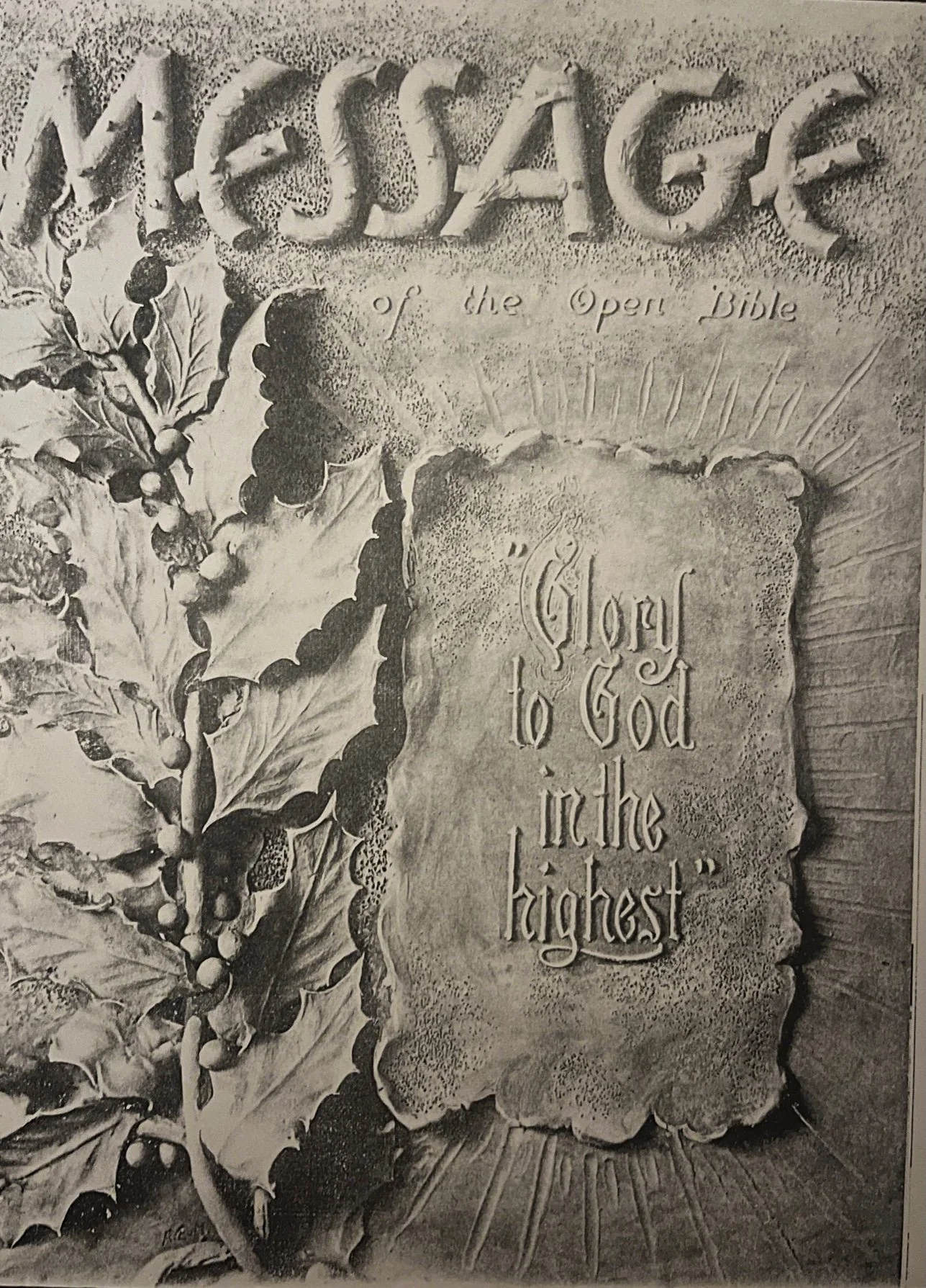 Carved in clay photographed cover for Message Magazine for the Open Bible Churches, 1948.