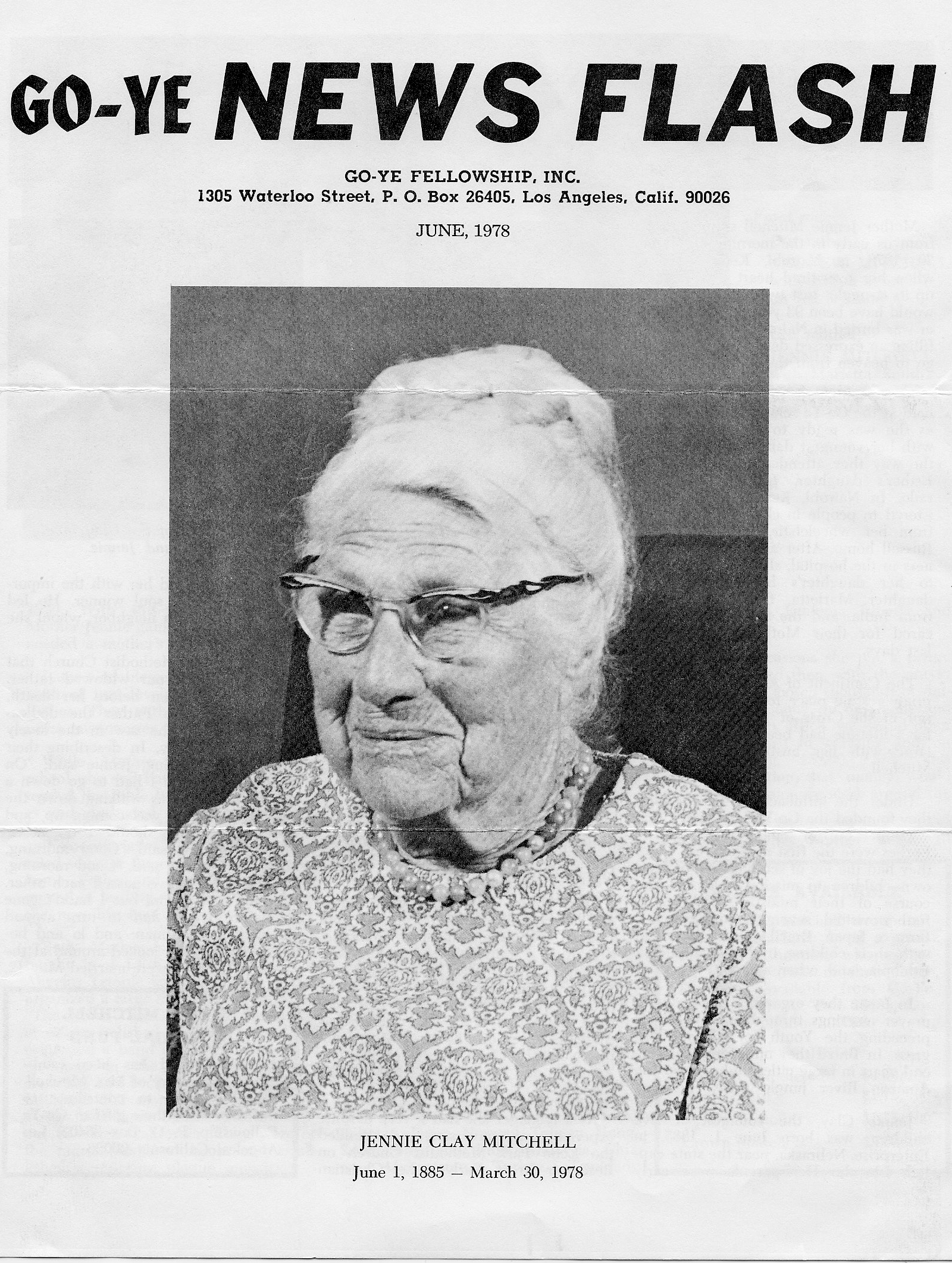 Go Ye New Flash - Memorial Issue of the Go-Ye Fellowship newsletter after Jennie Mitchell's death in 1978. Click on the image to download the issue (PDF).