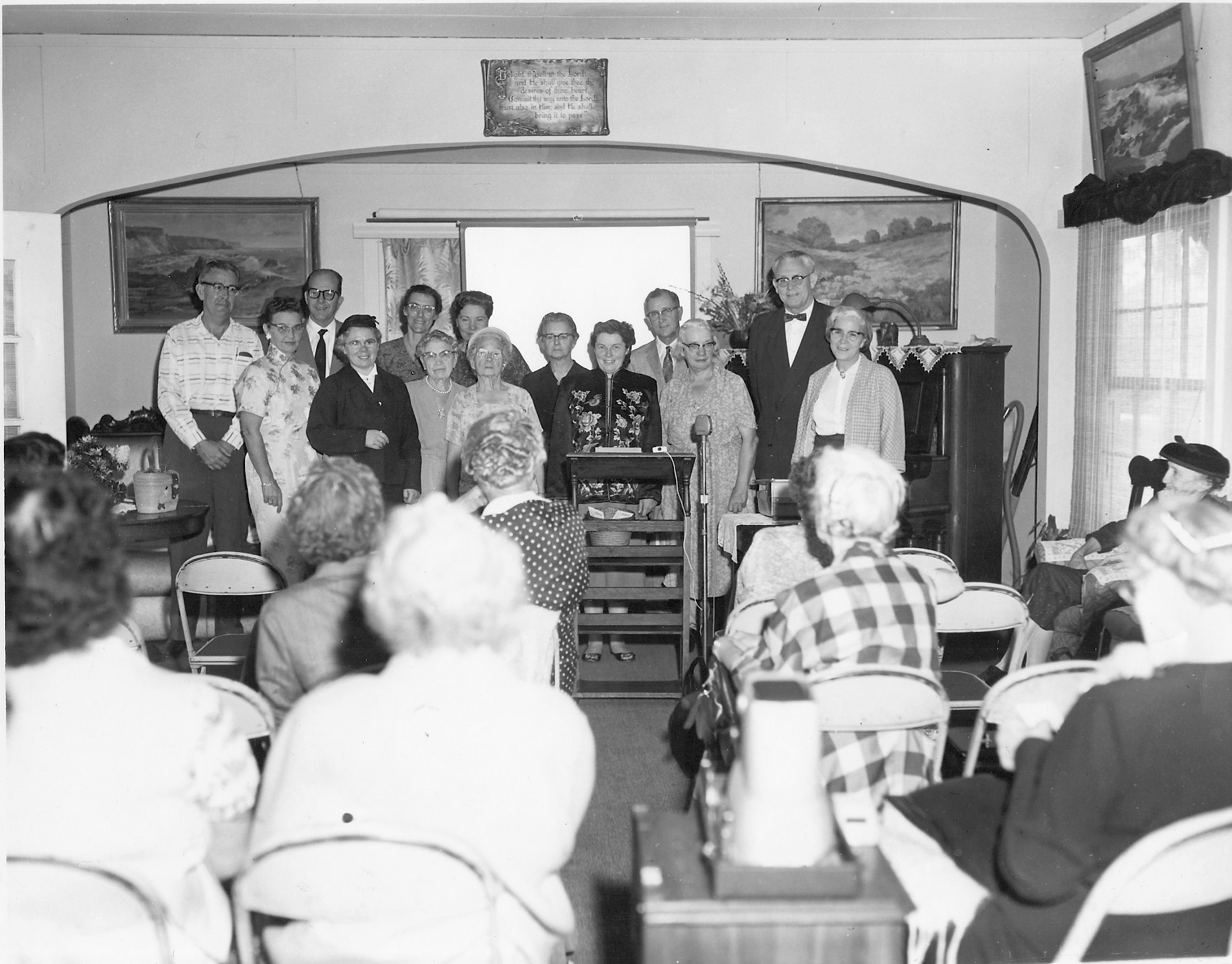 Go-Ye Fellowship event attendees in the chapel, 1950s. They outgrew the chapel so started to hold services outside. 