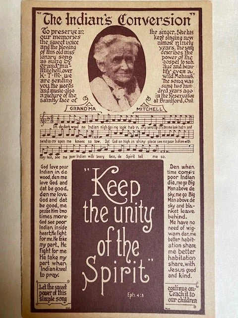 Andrew's mother Martha Mitchell did some ministry with the Mohawk Indians in Canada when she was young. This is a song she used to sing. Andrew did this by hand and it was done to fit in the "Church" plaque.