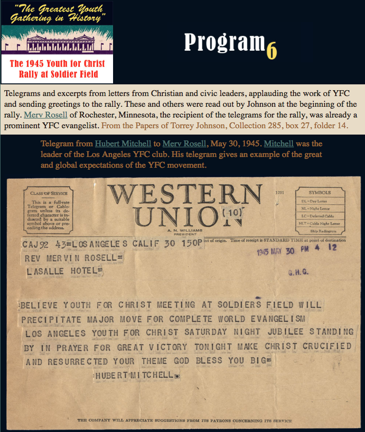 Western union telegram from Hubert Mitchell concerning Youth for Christ. Click on the image for the Wheaton archives resource. 
