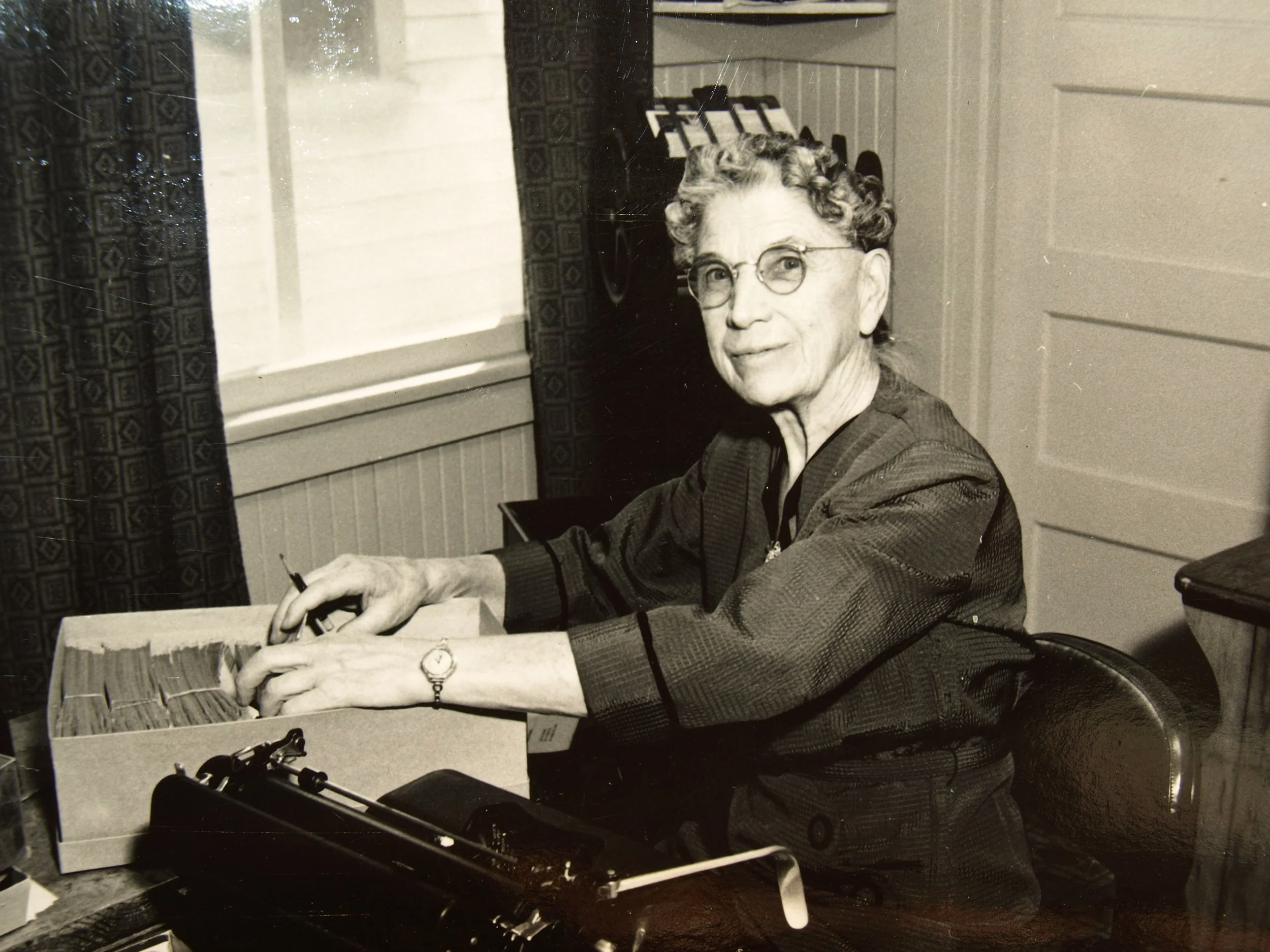 Andrew's sister Elinor served as secretary for Go-Ye Fellowship. This was taken in Aug., 1954. 