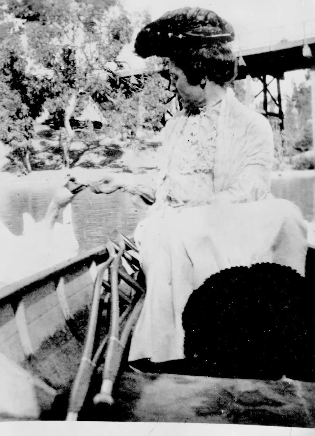 Sadie Bryant Mitchell with crutches on an unknown lake in California, Thanksgiving, 1904. She ould have been expecting Bryant as he was born in March, 1905. 