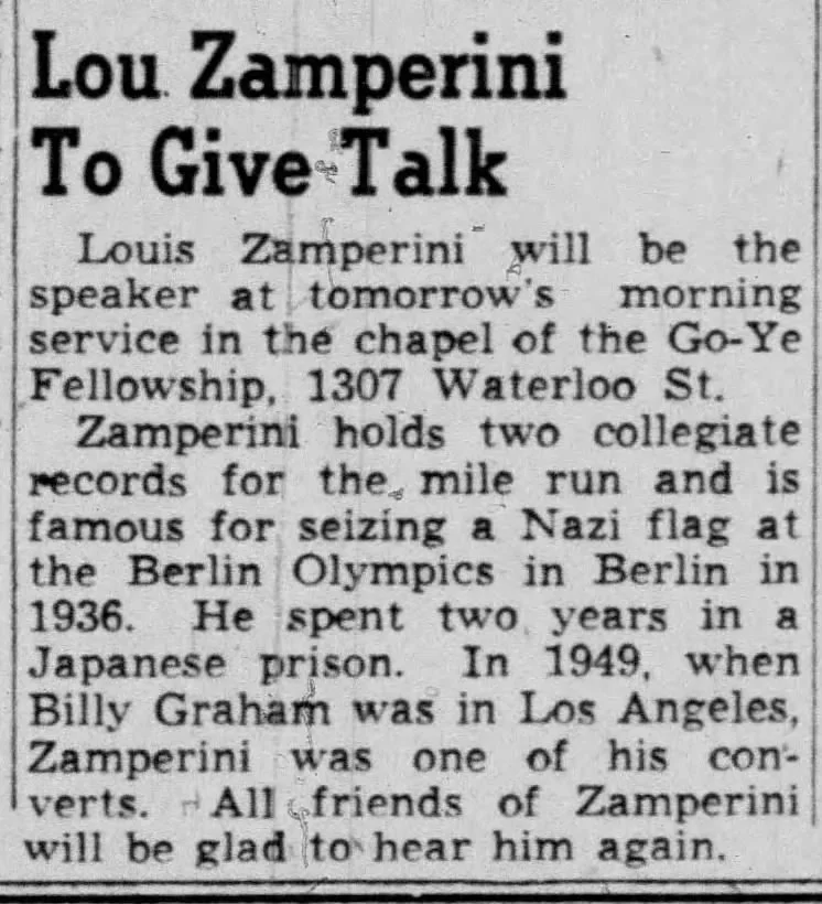 Newspaper notice about Louis Zamperini (of the book and movie Unbroken) speaking