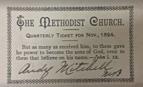 Andrew's childhood Methodist Church card from his home in Canada