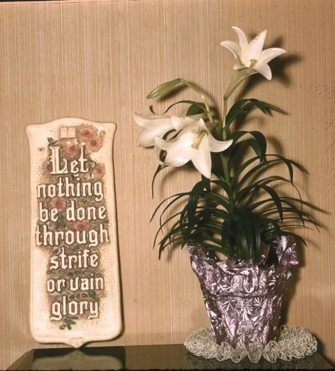 "Let nothing be done through strife or vain glory" in plaster - A gift from the Mitchells to the Warner family, Eugene, OR, 1962
