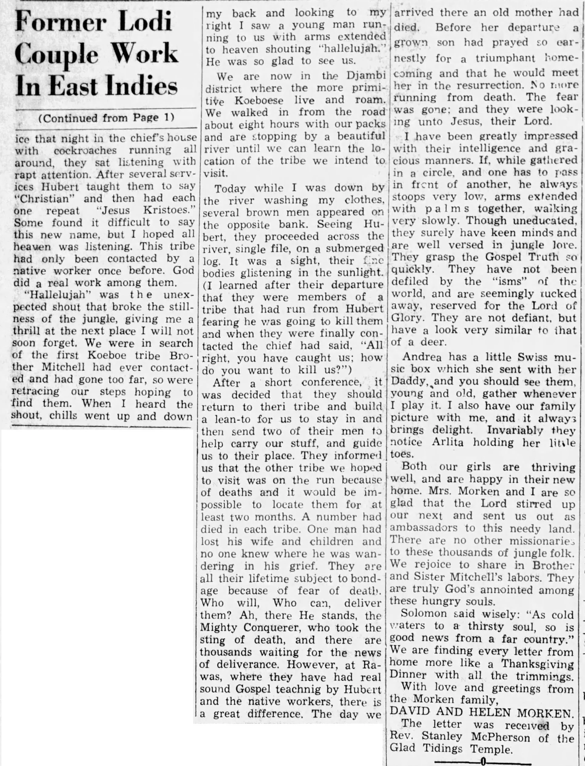 David and Helen Mitchell - Sumatra newspaper article page 2 of 2