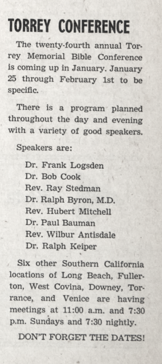 Hubert Mitchell speaker at the Torrey Conference, from the Jan. 1959 Biola Chimes