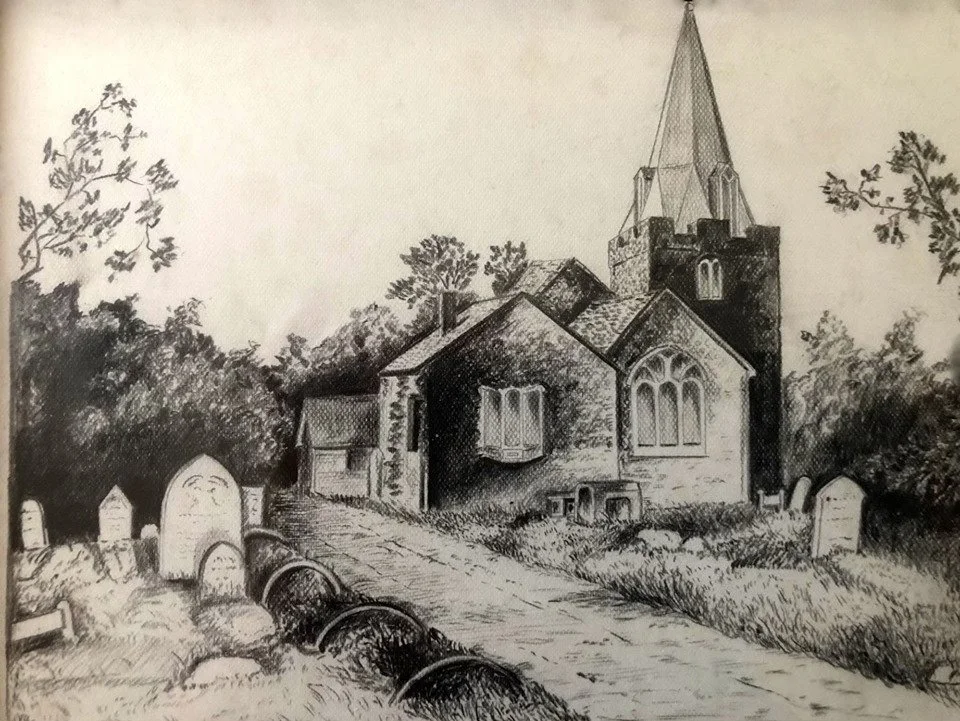 This is a very early drawing of a church by Andrew, age 12. 