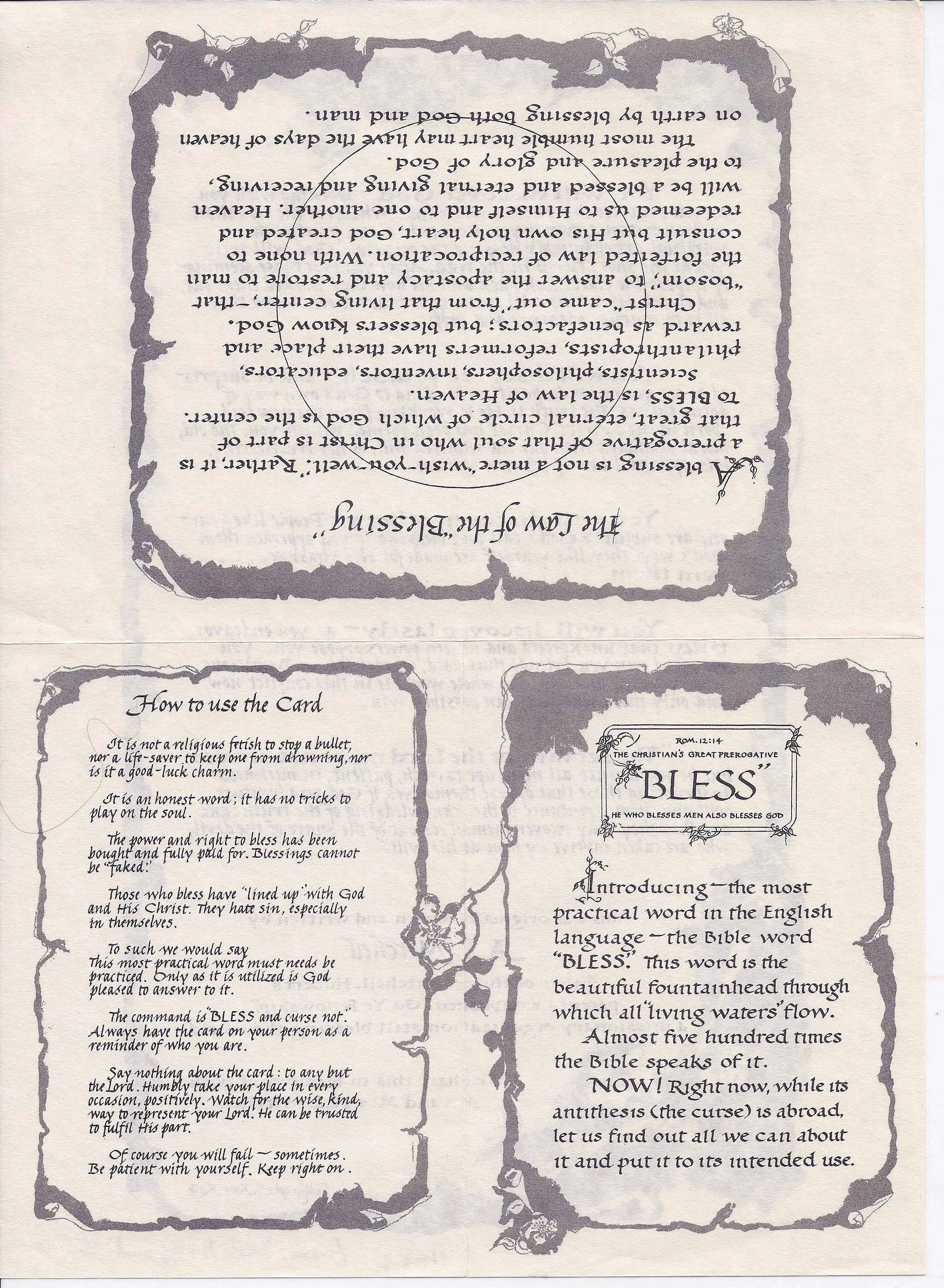This is a reproduction of the "Bless" pamphlet from 1982 from Church on the Way, in Van Nuys, CA. Jack Hayford was mentored by A.E. and Jennie Mitchell while at LIFE Bible College. page 2 of 2