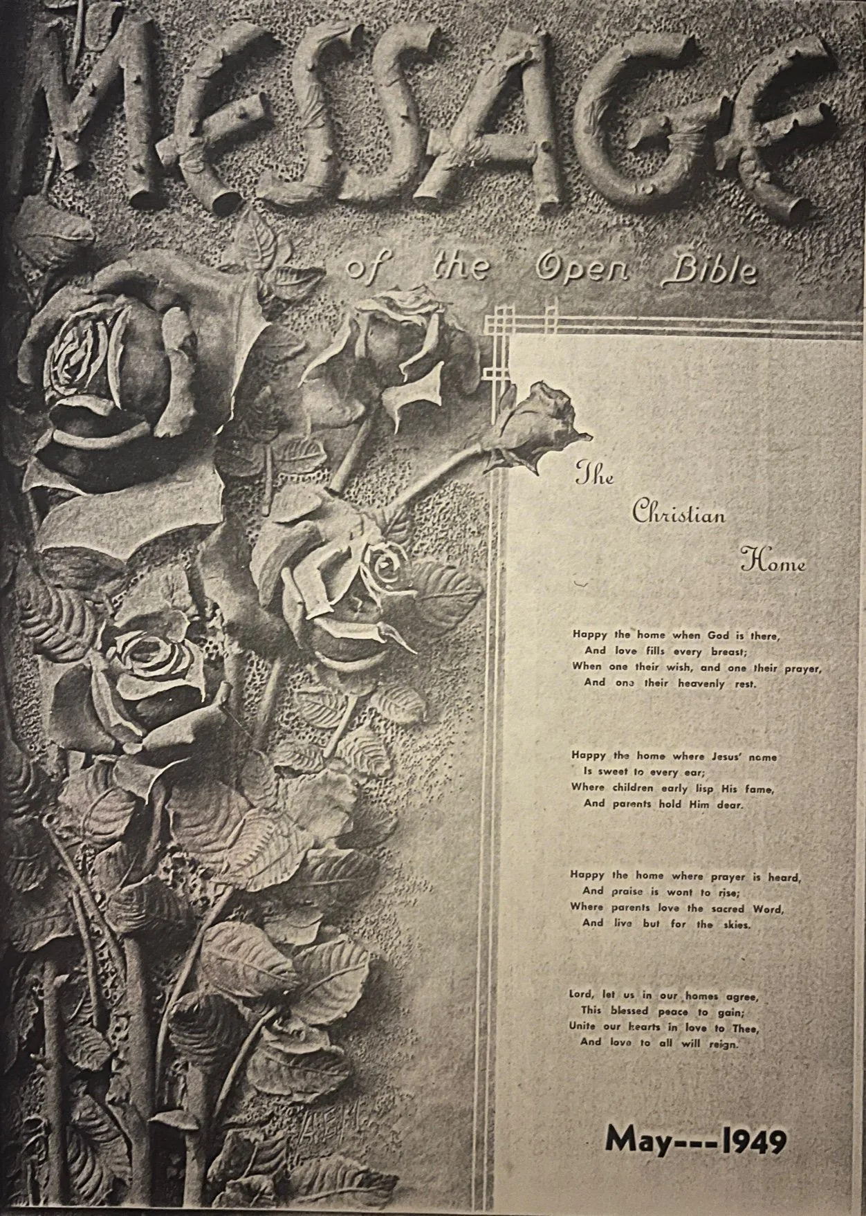 Carved in clay photographed cover for Message Magazine for the Open Bible Churches, 1949
