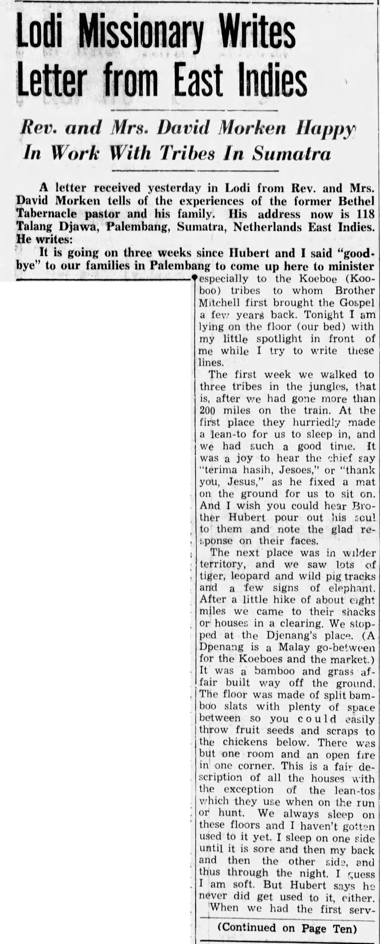 David and Helen Mitchell - Sumatra newspaper article page 1 of 2