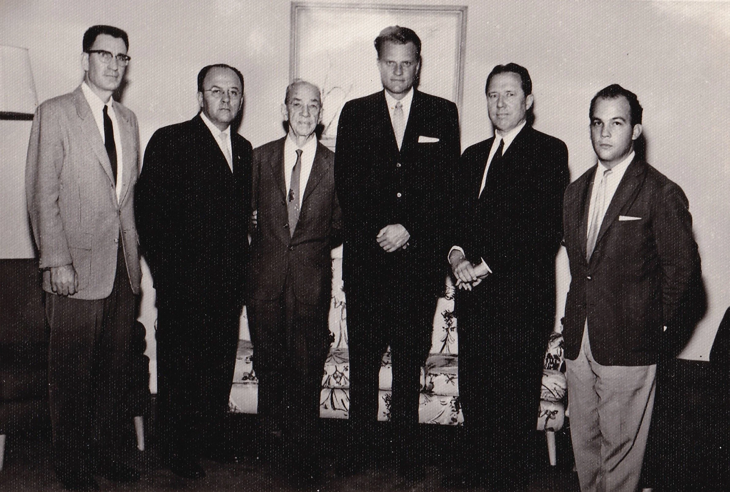 1960, Baptist World Congress in Brazil. From left to right: 
Jim Wallis, Rev. Walter Kaschel, Brazilian Baptist pastor, was interpreter for Billy Graham, A.E. Mitchell, Billy Graham, Hubert Mitchell, Clovis Salviano, Brazilian business man, member of