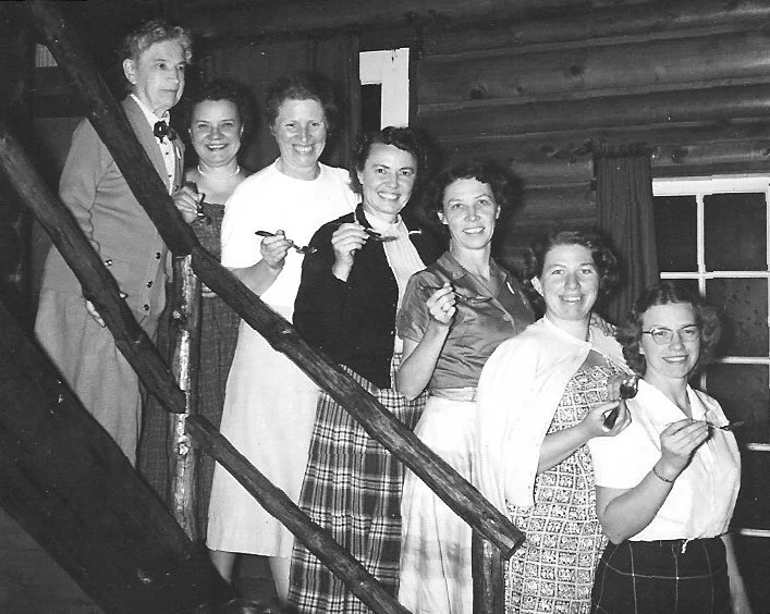 Ladies of the family at the family retreat in 1957. From the top, Elinor, Andrew's sister, Lola Lee, Bryant's wife, Rachel, Hubert's wife, Helen, Jean, Marietta and Esther