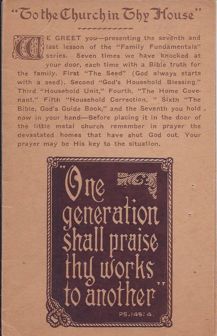 A.E. Mitchell designed these clever Go-Ye Fellowship tracts to fit inside his Church plaque. See the plaque page on this site. To download this tract, click on the image. 