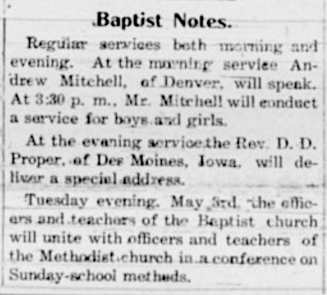 1904 Palisade, CO newspaper notice about Andrew's children's service. 